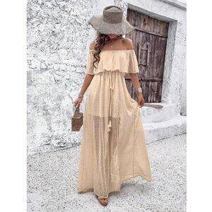 Sheer polkadot lace ruffle off the shoulder cream boho maxi dress
